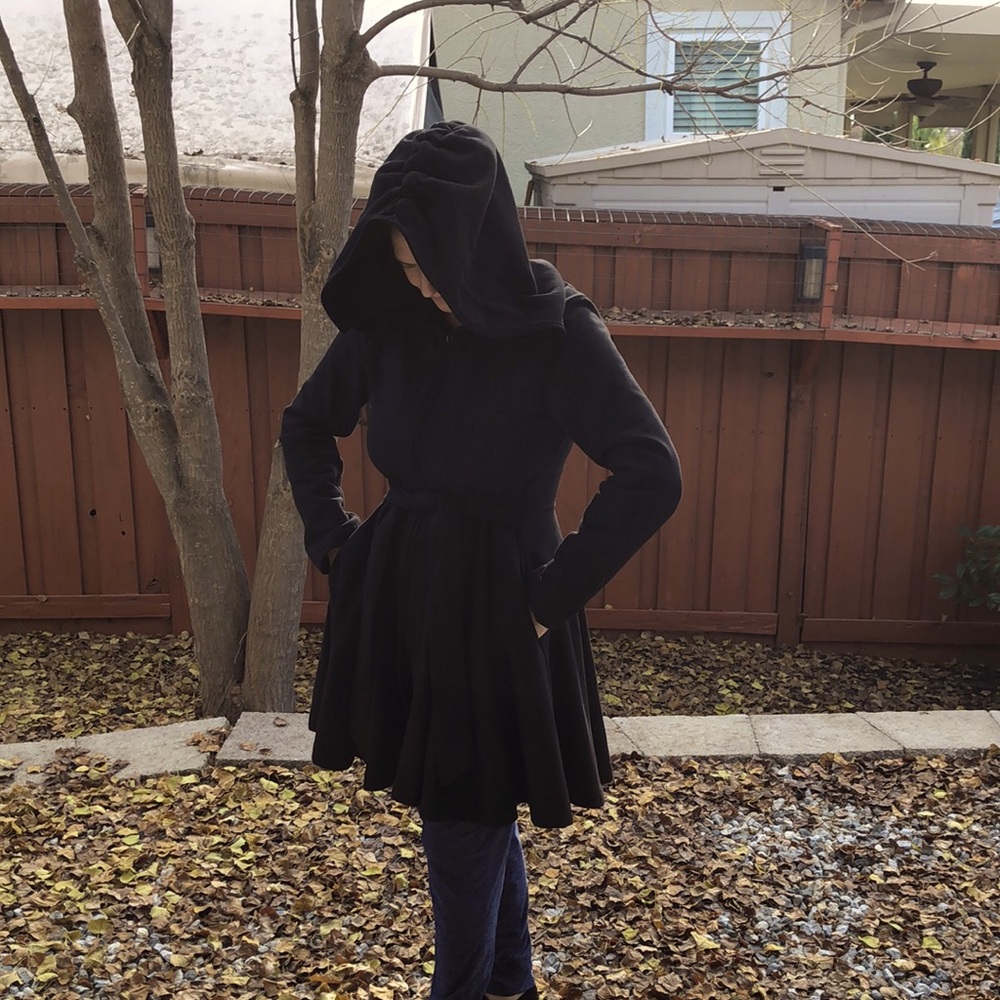 Effie’s Heart women’s black peplum coat with hood, size Medium